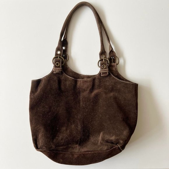 Other Handbags - Vintage 90s Brown Suede Slouchy Hobo Grommet Leather Shoulder Bag Purse